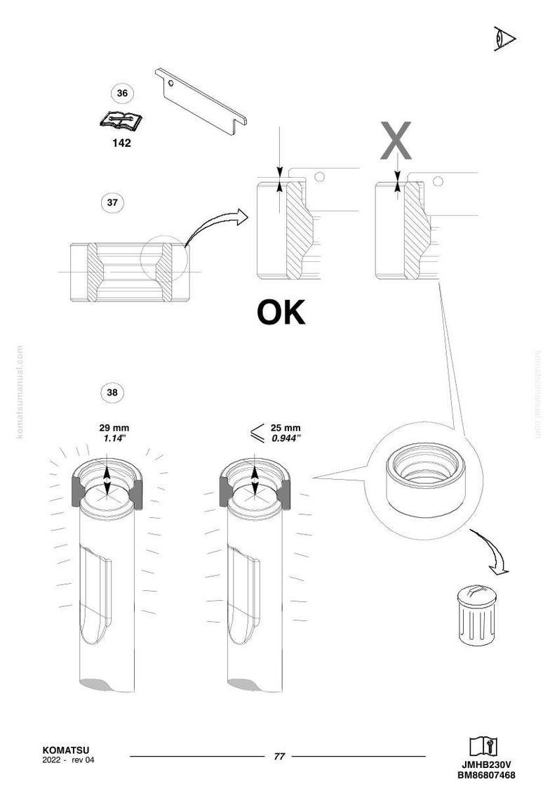 May include: Technical diagram showing mechanical components. Includes a cylindrical part with measurements of 29 mm (1.14 inches) and 25 mm (0.944 inches). Also shows a rectangular piece, a small trash can, and the word "OK".