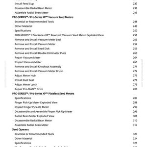 May include: A detailed parts list for agricultural equipment, featuring various components like seed meters, openers, and related tools. The document includes exploded views and specifications, with page numbers for easy reference.