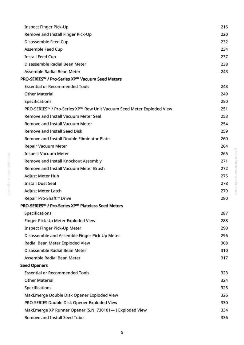 May include: A detailed parts list for agricultural equipment, featuring various components like seed meters, openers, and related tools. The document includes exploded views and specifications, with page numbers for easy reference.