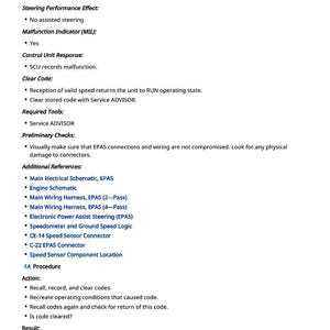 May include: A white document titled "SCU 000084.31 - Speed Circuit" with bulleted lists detailing steering performance, malfunction indicator, control unit response, clear code, required tools, and preliminary checks. Additional references and a procedure are also listed.