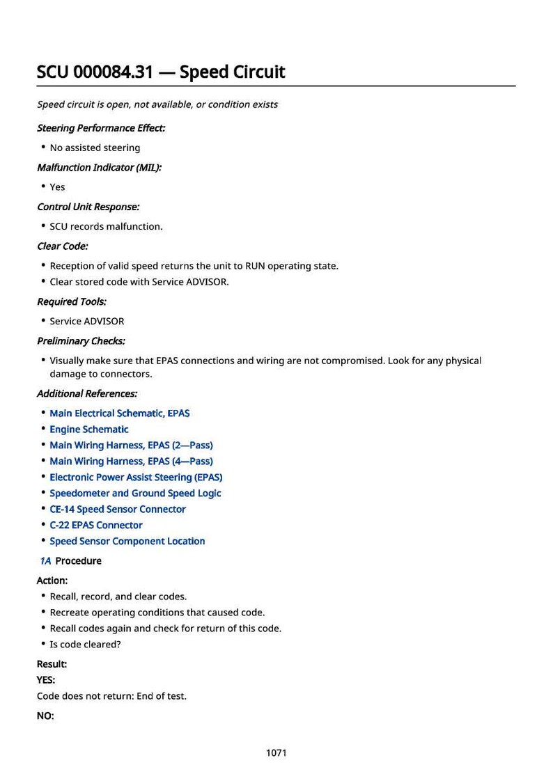 May include: A white document titled "SCU 000084.31 - Speed Circuit" with bulleted lists detailing steering performance, malfunction indicator, control unit response, clear code, required tools, and preliminary checks. Additional references and a procedure are also listed.