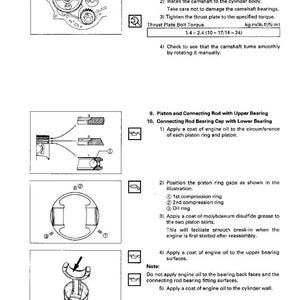 Puede incluir: Diagrama de un montaje de motor con instrucciones detalladas. Incluye ilustraciones de &aacute;rbol de levas, engranaje de distribuci&oacute;n, placa de empuje, pist&oacute;n, biela y tapa de cojinete. El texto proporciona una gu&iacute;a paso a paso para el montaje y el mantenimiento.