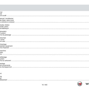 May include: A page from a technical manual with the title "Contents" in English, German, and French. The page lists various engine components such as the water pump, fuel injection equipment, and exhaust components. The Weidemann logo is visible at the bottom.
