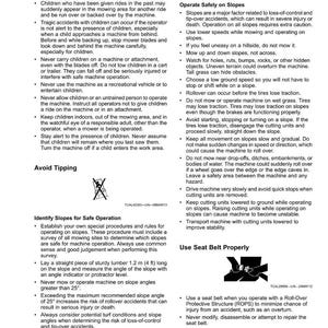 May include: Safety guidelines for operating machinery are displayed. The text advises on avoiding accidents, especially with children, and safe practices on slopes. It includes warnings about tipping and proper seat belt use.