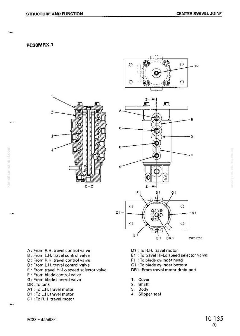 May include: Technical diagram of a PC30MRX-1 center swivel joint, labeled with letters and numbers. Includes cross-sectional views and detailed component breakdowns. Text includes "STRUCTURE AND FUNCTION" and "CENTER SWIVEL JOINT".