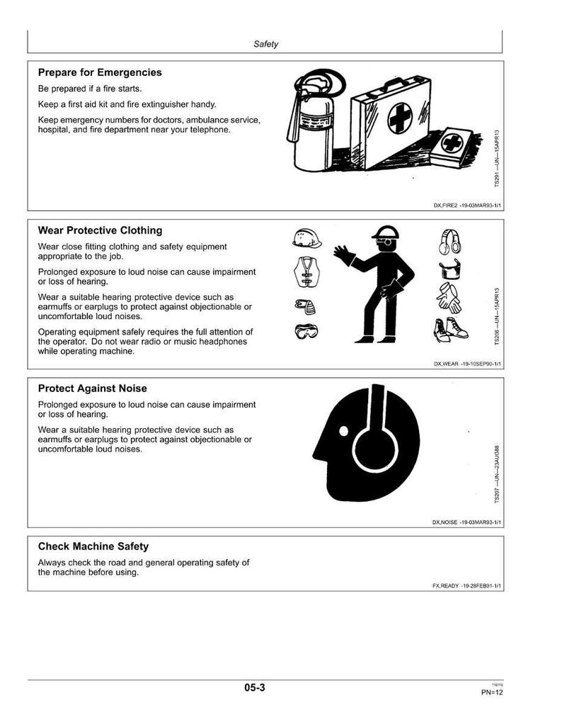 May include: Safety guidelines graphic with illustrations. Includes a fire extinguisher, first aid kit, and a person wearing protective gear. Text advises on emergency preparedness, protective clothing, noise protection, and machine safety.