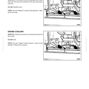 May include: A page from an operator's manual with the headings "Testing and Adjusting" and "Predelivery Procedures." The text describes battery water level and engine coolant checks, with diagrams of machinery components.