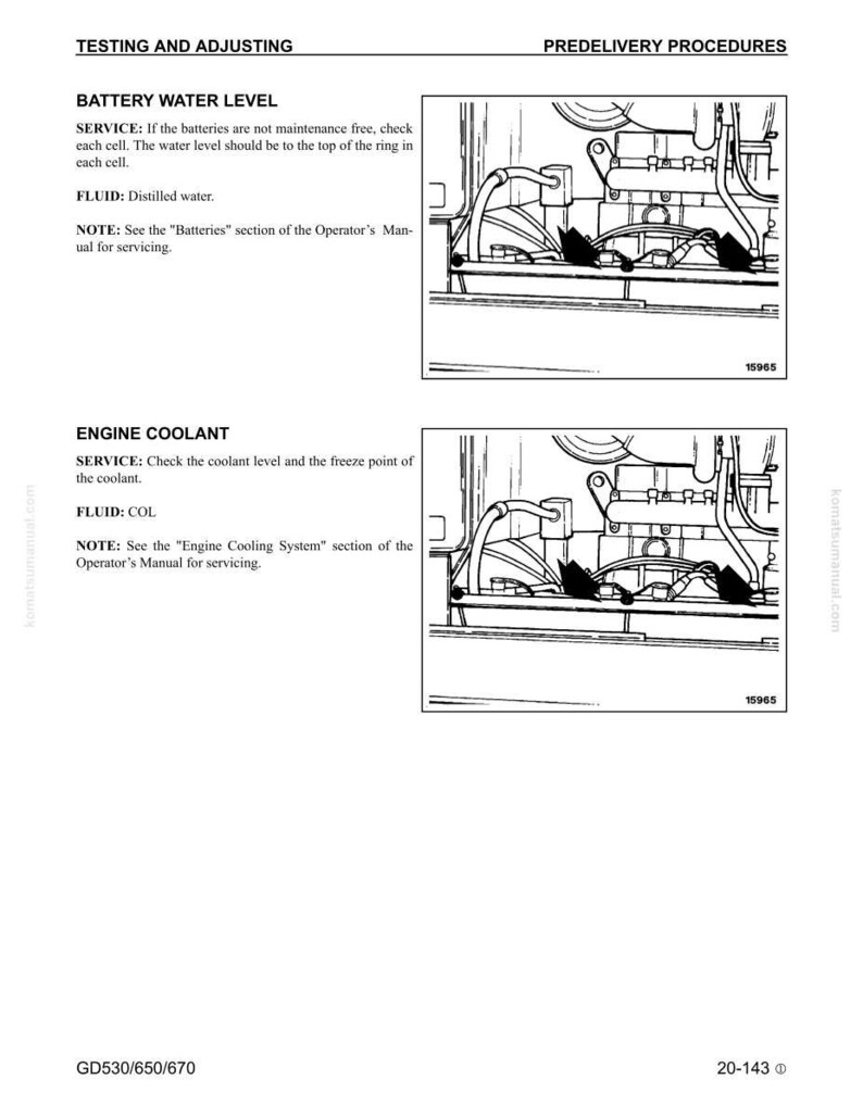 May include: A page from an operator's manual with the headings "Testing and Adjusting" and "Predelivery Procedures." The text describes battery water level and engine coolant checks, with diagrams of machinery components.