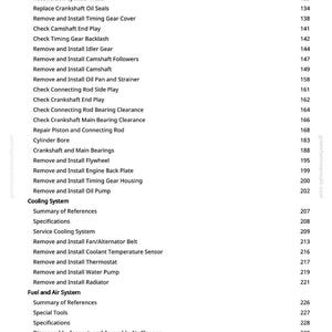 May include: A page from a greenfarmmanuals.com manual, listing automotive repair procedures. The text includes instructions for engine, cooling, and fuel systems, with page numbers for each procedure.