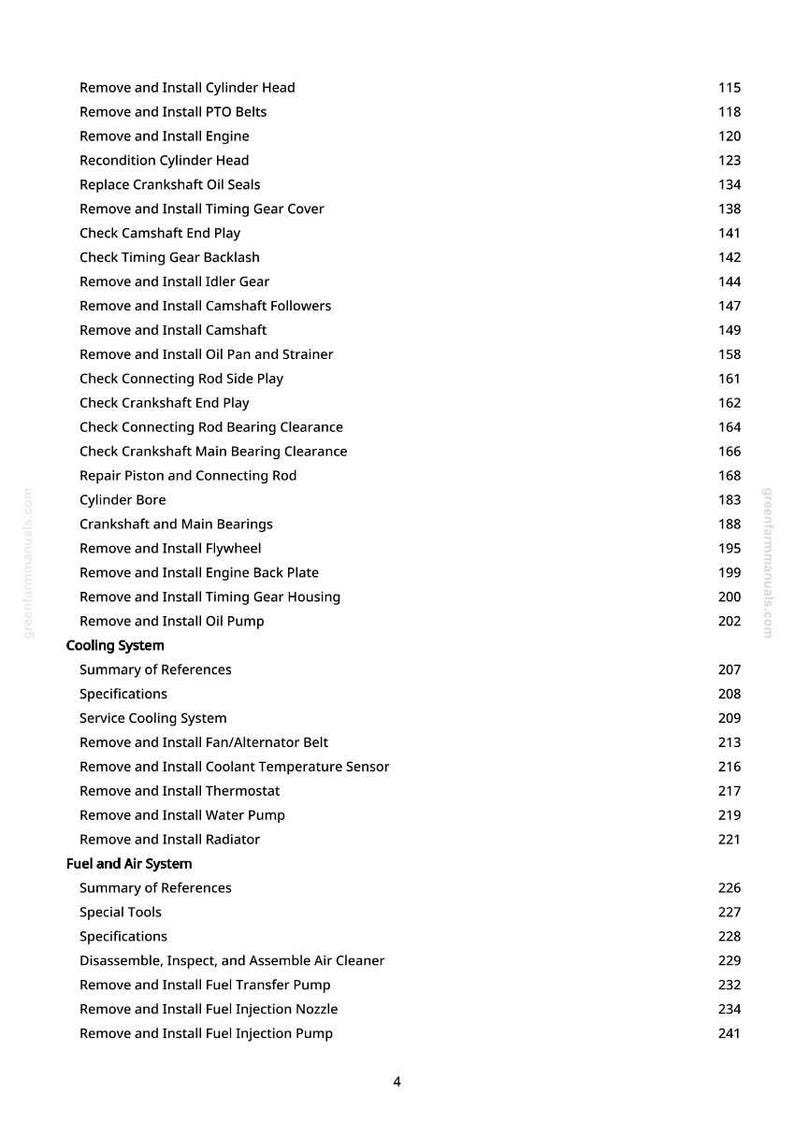 May include: A page from a greenfarmmanuals.com manual, listing automotive repair procedures. The text includes instructions for engine, cooling, and fuel systems, with page numbers for each procedure.