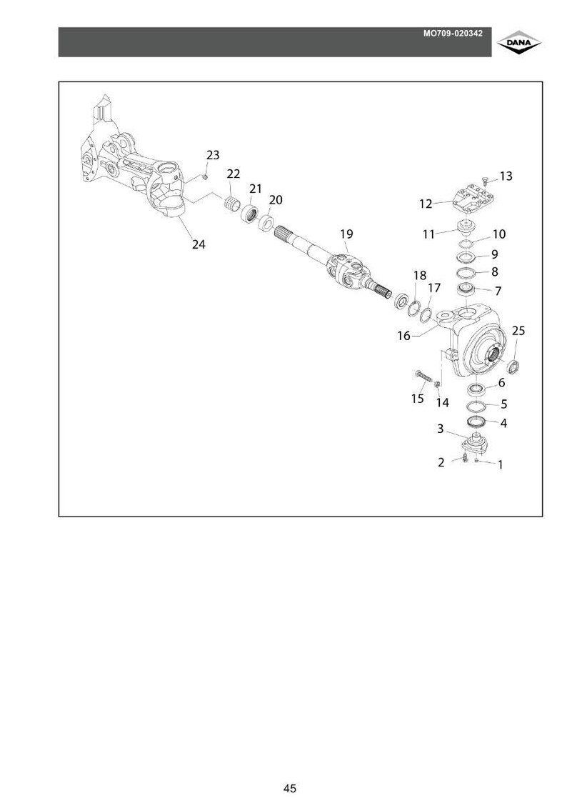 May include: An exploded diagram of automotive parts, including a driveshaft, bearings, and various fasteners. The image is labeled with numbers and the text "MO709-020342" and the DANA logo.