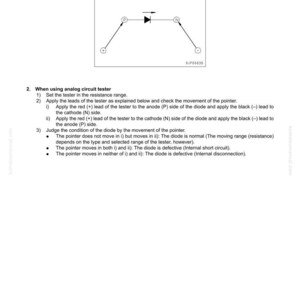 May include: A technical diagram illustrating the procedure for testing diodes. The image includes a schematic of a diode and instructions for using an analog circuit tester to assess its functionality. Text includes "TESTING AND ADJUSTING" and "Procedure for testing diodes."