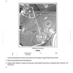 May include: Diagram of a machine's internal components, including a belt tightener, belt guide, and belt. The image includes text instructions for removing and installing the feeder house drive. The diagram is labeled with letters and arrows.