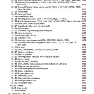 May include: A detailed table of contents from a manual, listing engine-related topics such as valve timing, injector checks, and cooling systems. The text is in black font on a white background, with page numbers.