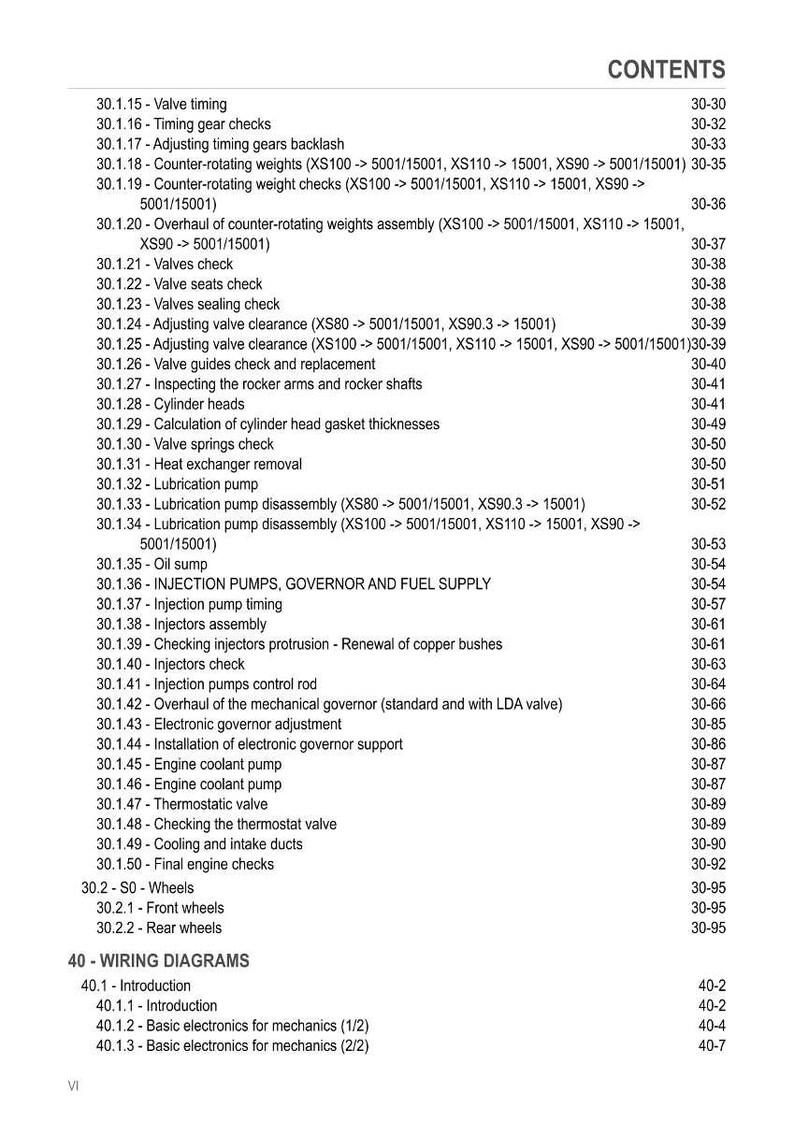 May include: A detailed table of contents from a manual, listing engine-related topics such as valve timing, injector checks, and cooling systems. The text is in black font on a white background, with page numbers.