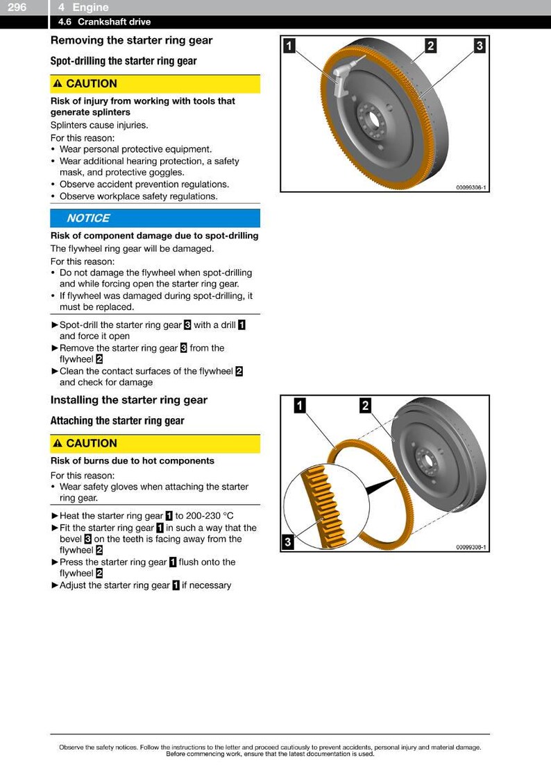 May include: Diagram of a starter ring gear removal and installation process. The image shows a flywheel with a toothed ring gear, along with instructions and safety warnings. Includes close-up views of the gear and related components.