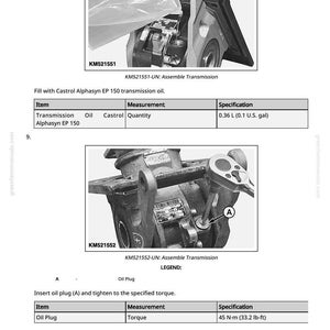 May include: Diagram of a transmission assembly process. The image shows the steps for filling with oil and inserting an oil plug. Specifications include 0.36 L of oil and a torque of 33.2 lb-ft for the plug.