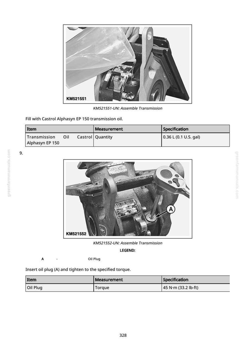 May include: Diagram of a transmission assembly process. The image shows the steps for filling with oil and inserting an oil plug. Specifications include 0.36 L of oil and a torque of 33.2 lb-ft for the plug.