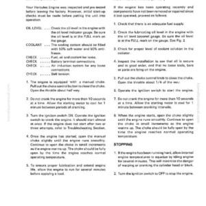 K&ouml;nnte beinhalten: Seite aus einem Motorbetriebshandbuch mit der &Uuml;berschrift &bdquo;OPERATION&ldquo;. Der Text beschreibt die Verfahren zum ersten Start, einschlie&szlig;lich &Ouml;lstandskontrollen, K&uuml;hlmittelanweisungen und t&auml;gliche Startschritte. Die Seite enth&auml;lt auch Anweisungen zum Anhalten.