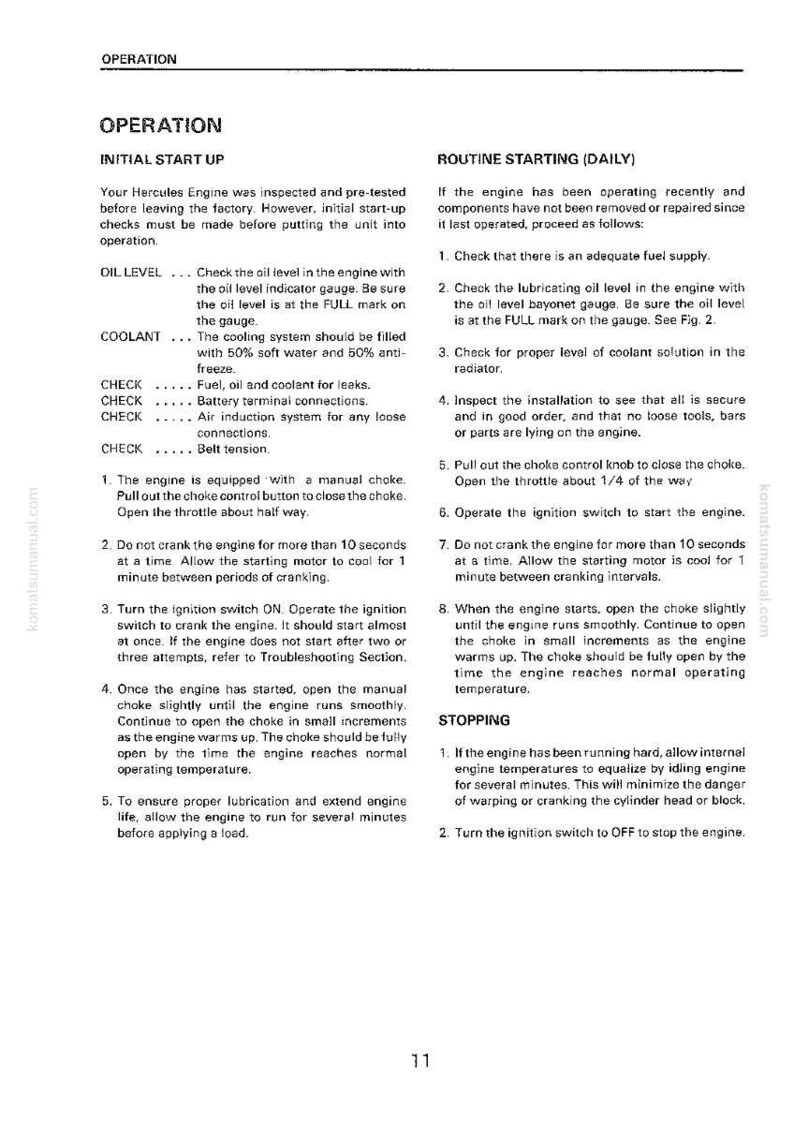 K&ouml;nnte beinhalten: Seite aus einem Motorbetriebshandbuch mit der &Uuml;berschrift &bdquo;OPERATION&ldquo;. Der Text beschreibt die Verfahren zum ersten Start, einschlie&szlig;lich &Ouml;lstandskontrollen, K&uuml;hlmittelanweisungen und t&auml;gliche Startschritte. Die Seite enth&auml;lt auch Anweisungen zum Anhalten.