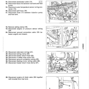 May include: Diagram of engine disassembly and assembly instructions. The image shows various engine components with labels and arrows indicating the steps for disconnecting and removing parts, including hoses, wires, and clamps.