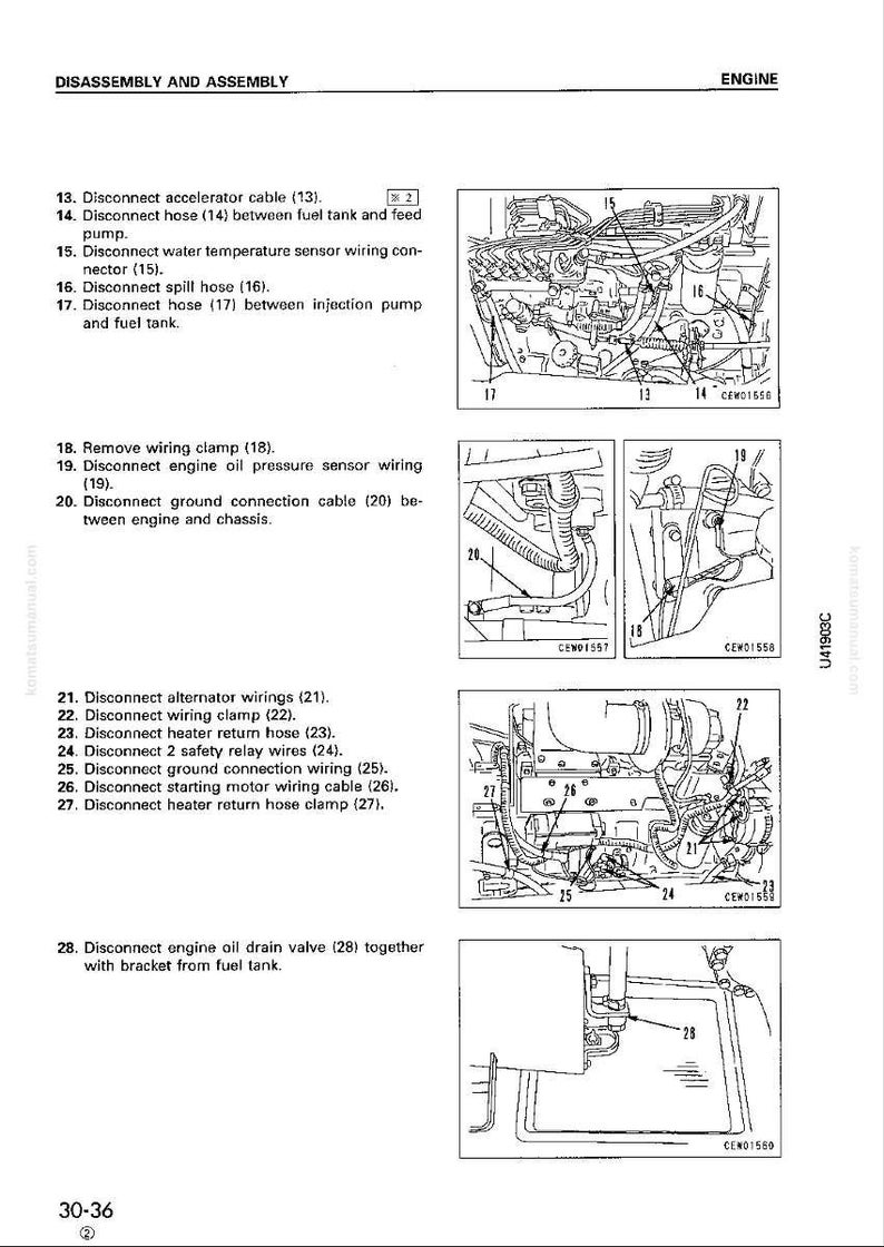 May include: Diagram of engine disassembly and assembly instructions. The image shows various engine components with labels and arrows indicating the steps for disconnecting and removing parts, including hoses, wires, and clamps.