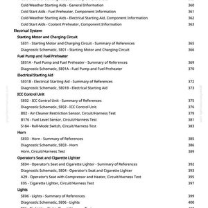 May include: A printed page from a manual, listing automotive system components and their corresponding page numbers. Sections include Cold-Weather Starting Aids, Electrical System, and Lights. The page number is 9.