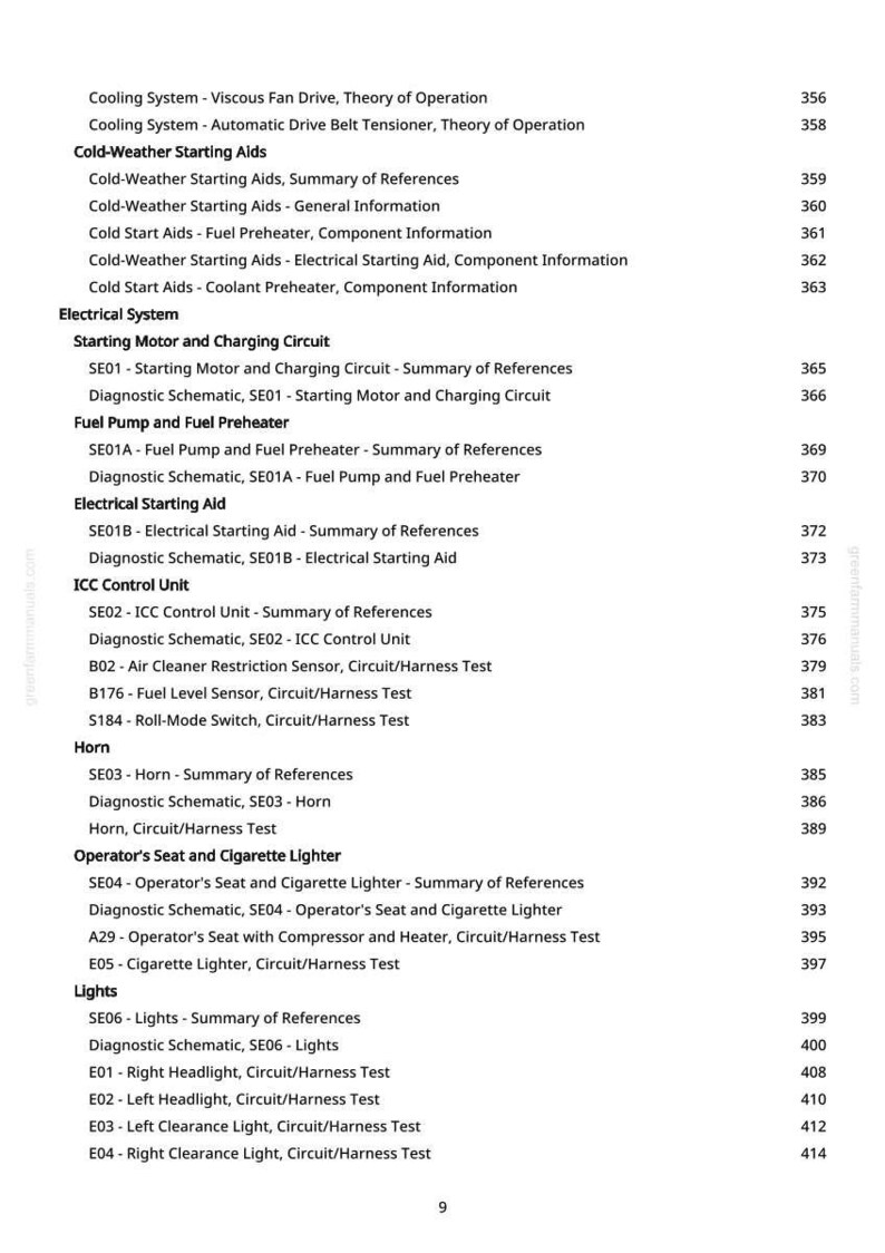May include: A printed page from a manual, listing automotive system components and their corresponding page numbers. Sections include Cold-Weather Starting Aids, Electrical System, and Lights. The page number is 9.