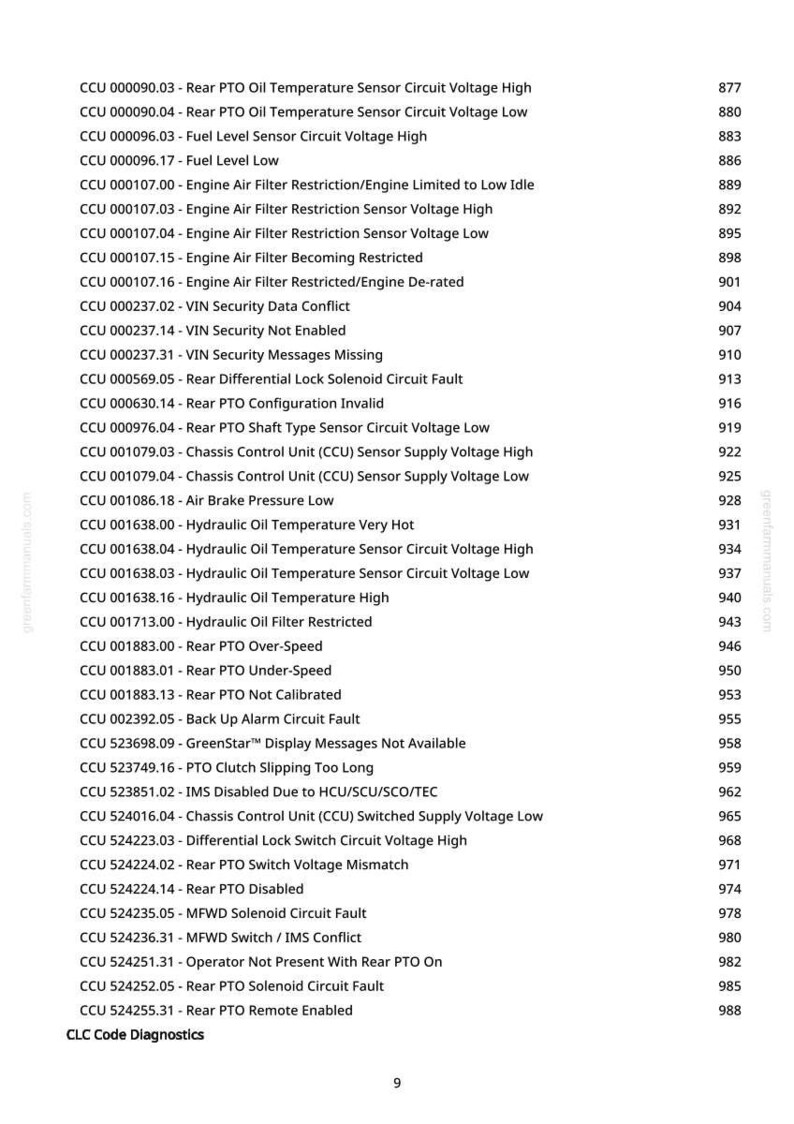 May include: A page from a manual with a list of CCU (Chassis Control Unit) diagnostic codes. The codes are for various issues, including sensor circuits, filter restrictions, and PTO malfunctions. The page includes a website address and the number 9.