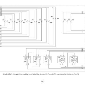May include: A detailed wiring diagram for a cab wiring harness, labeled W1, for a power shift transmission. The diagram is in black and white, featuring lines, boxes, and labels. The text "ZX1029509-UN" is visible.