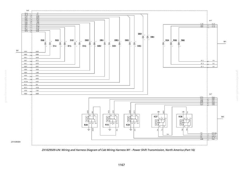 May include: A detailed wiring diagram for a cab wiring harness, labeled W1, for a power shift transmission. The diagram is in black and white, featuring lines, boxes, and labels. The text "ZX1029509-UN" is visible.