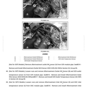 Op de afbeelding: Zwart-wit technische tekening van motoronderdelen, inclusief sensoren en buizen. De afbeelding bevat labels voor verschillende onderdelen zoals de Aftertreatment Outlet NH3 Sensor en Aftertreatment Inlet NOx Sensor. Tekst geeft instructies voor installatie.