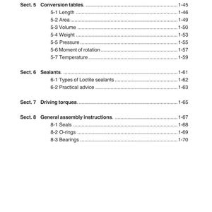 May include: A white page with the title "INTRODUCTION" and "CHAP.1" at the top. The page contains a table of contents with sections on conversion tables, sealants, driving torques, and general assembly instructions.