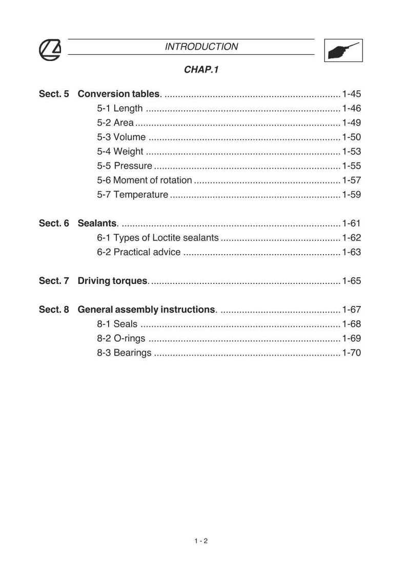 May include: A white page with the title "INTRODUCTION" and "CHAP.1" at the top. The page contains a table of contents with sections on conversion tables, sealants, driving torques, and general assembly instructions.
