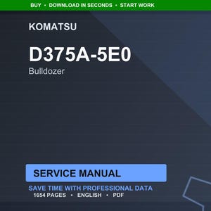 Pu&ograve; includere: Un manuale di servizio digitale per un bulldozer Komatsu D375A-5E0. L'immagine presenta il logo Komatsu, il numero del modello e le parole "Bulldozer" e "Manuale di servizio". Il manuale contiene 1654 pagine ed &egrave; in inglese.