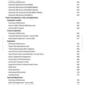K&ouml;nnte beinhalten: Ein detailliertes Inhaltsverzeichnis aus einem Handbuch mit verschiedenen Themen zur Kfz-Reparatur. Der Text enth&auml;lt Abschnitte zu Schaltpl&auml;nen, dem Betrieb des Antriebsstrangs, Tests und Einstellungen. Seitenzahlen sind rechts aufgef&uuml;hrt.