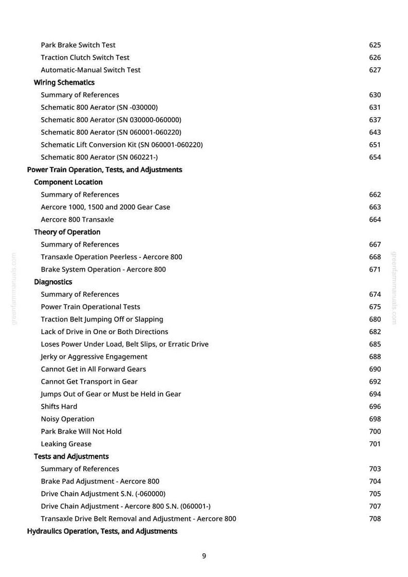 K&ouml;nnte beinhalten: Ein detailliertes Inhaltsverzeichnis aus einem Handbuch mit verschiedenen Themen zur Kfz-Reparatur. Der Text enth&auml;lt Abschnitte zu Schaltpl&auml;nen, dem Betrieb des Antriebsstrangs, Tests und Einstellungen. Seitenzahlen sind rechts aufgef&uuml;hrt.