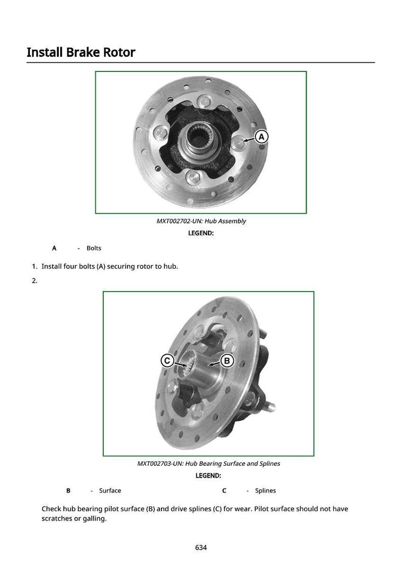 Op de afbeelding: Diagram met de installatie van de remrotor. De afbeelding toont een naafassemblage met bouten gemarkeerd met A, en een naafdragervlak met spiebanen gemarkeerd met B en C. De tekst luidt "Remrotor installeren".