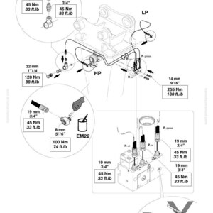 May include: Technical diagram of hydraulic components with measurements in inches and foot-pounds. Includes various fittings, valves, and a hydraulic cylinder, labeled with specifications and torque values. The diagram also features the text "OK" and a crossed-out symbol.