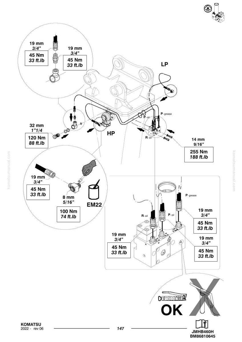 May include: Technical diagram of hydraulic components with measurements in inches and foot-pounds. Includes various fittings, valves, and a hydraulic cylinder, labeled with specifications and torque values. The diagram also features the text "OK" and a crossed-out symbol.