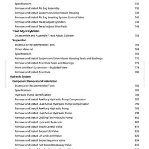 May include: A page from a manual with a table of contents detailing automotive repair procedures. The headings include "Suspension and Tread Adjust Repair," "Hydraulic System," and various component removal and installation steps.