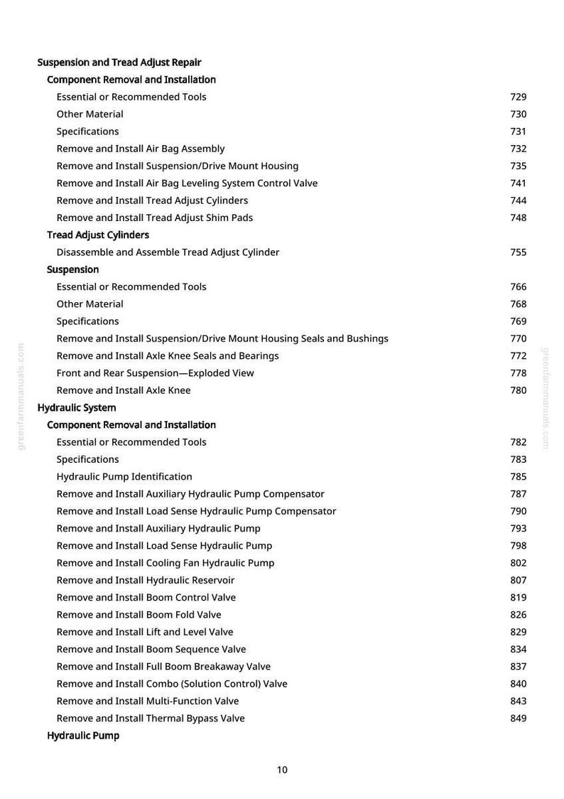 May include: A page from a manual with a table of contents detailing automotive repair procedures. The headings include "Suspension and Tread Adjust Repair," "Hydraulic System," and various component removal and installation steps.