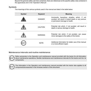 Puede incluir: Una p&aacute;gina de un manual de mantenimiento de tractores. El manual incluye s&iacute;mbolos de seguridad con palabras clave como "Peligro" y "Precauci&oacute;n", y descripciones de sus significados. Tambi&eacute;n detalla los intervalos de mantenimiento y los procedimientos de rutina.
