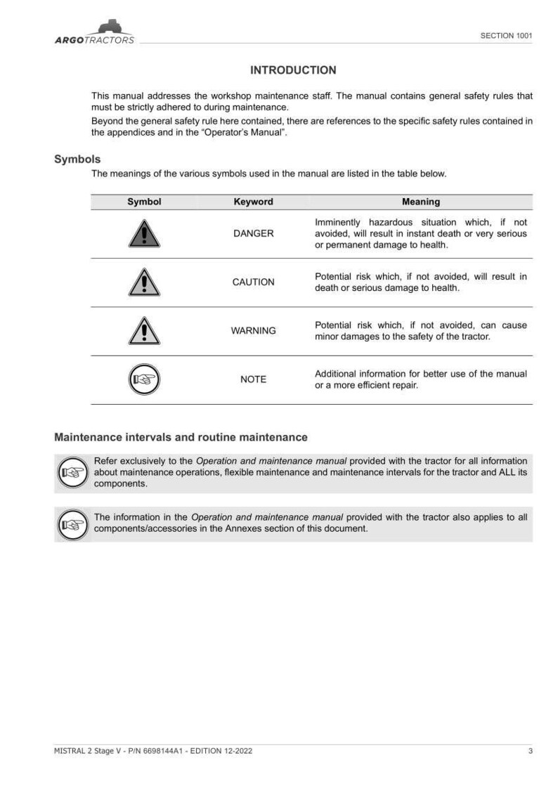 Puede incluir: Una p&aacute;gina de un manual de mantenimiento de tractores. El manual incluye s&iacute;mbolos de seguridad con palabras clave como "Peligro" y "Precauci&oacute;n", y descripciones de sus significados. Tambi&eacute;n detalla los intervalos de mantenimiento y los procedimientos de rutina.