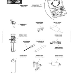 May include: An illustration of various tools, including a hydraulic tester, pressure checking device, inflation kit, and grease hand pump. The image also features a rust protector wax and dismantling tools. The tools are labeled with their part numbers.