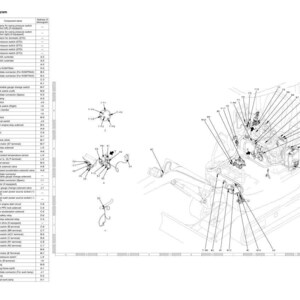 May include: Detailed diagram of an excavator's electrical system, showing a schematic with numerous labelled components and wiring. Includes a connector list and stereogram, providing a comprehensive technical overview.