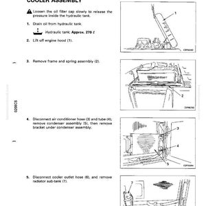 Puede incluir: Diagrama de un manual que detalla la extracci&oacute;n de un conjunto de enfriador hidr&aacute;ulico. La p&aacute;gina incluye pasos numerados con ilustraciones, incluyendo el drenaje de aceite, la extracci&oacute;n de mangueras y dep&oacute;sitos. Texto: "Hydraulic tank: Approx. 270 ℓ".