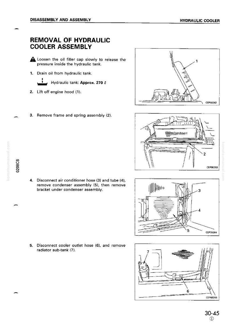 Puede incluir: Diagrama de un manual que detalla la extracci&oacute;n de un conjunto de enfriador hidr&aacute;ulico. La p&aacute;gina incluye pasos numerados con ilustraciones, incluyendo el drenaje de aceite, la extracci&oacute;n de mangueras y dep&oacute;sitos. Texto: "Hydraulic tank: Approx. 270 ℓ".