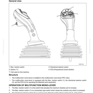May include: Diagram of a multifunction mono-lever, a component of work equipment systems. The image shows two views of the lever, labeled with numbered components including switches and a proportional control switch. Text details the lever's structure and operation.