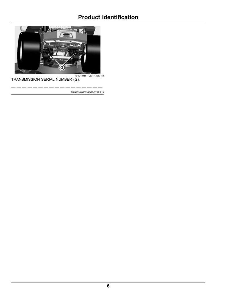 May include: Diagram of a vehicle's undercarriage, with the text "Product Identification" at the top. The image highlights the location of the transmission serial number, labeled as (G). Includes the text "TRANSMISSION SERIAL NUMBER (G):".